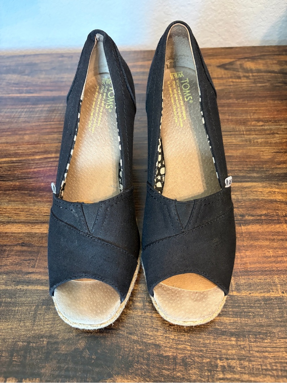 Toms Black Canvas Peep-Toe Wedge Espadrille